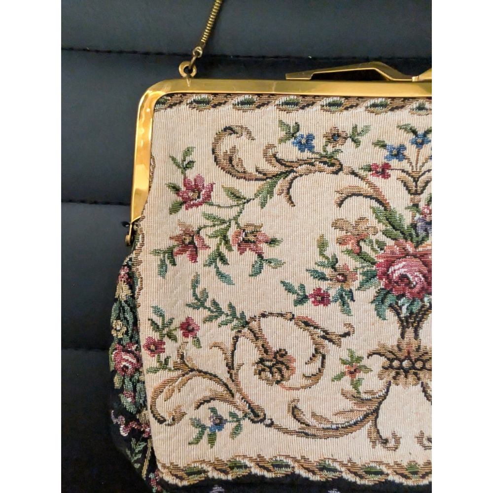 VINTAGE TAPESTRY PURSE Made in West Germany Floral Multicolor Gold Tone Chain - Picture 10 of 16